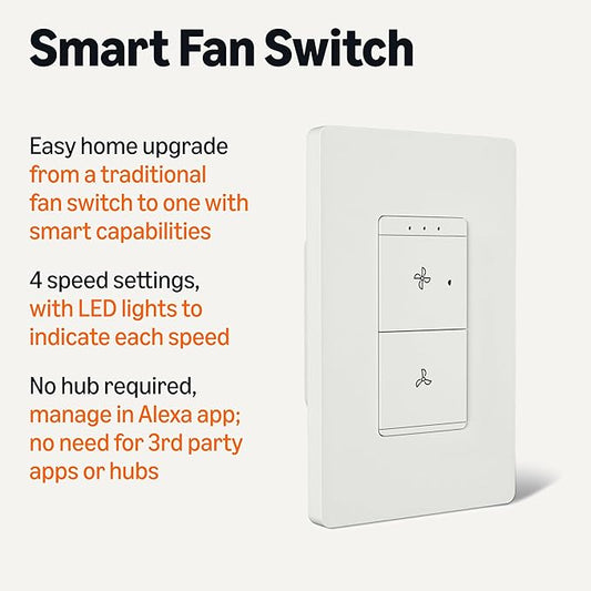 Amazon Basics Smart Ceiling Fan Control Switch, 4-Speed, Single Pole, Voice Control, Works with Alexa Only, Control from Anywhere, 2.4 GHz Wi-Fi, No Hub Required, White