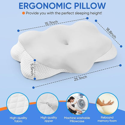 Cervical Pillow for Neck Pain Relief, Adjustable Ergonomic Contour with Orthopedic Memory Foam, Full Support for All Sleeping Positions (Side Back Stomach), Odorless (Gray-White)