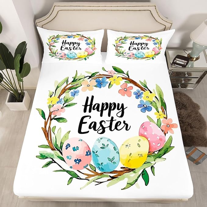 Easter Bed Sheet Twin Size Easter Eggs Flowers Floral Bedding Set Farmhouse Spring Holiday Fitted Sheet Kids Boys Girls Room Decor White Colorful Soft Sheets with 1 Pillowcase,No Top Flat