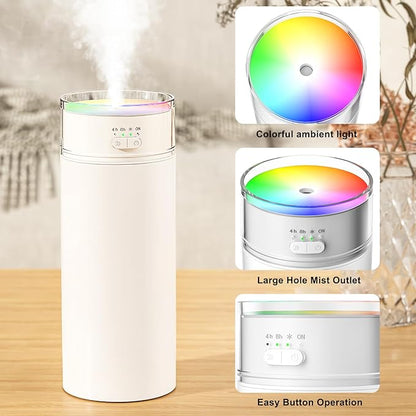Portable Bedroom Humidifier, Rechargeable Car Mounted Humidifier, 500ml Thick Fog Timed Colorful Cup Humidifiers, Suitable for Small Air Humidifierss in Bedrooms, Cars, Offices & Travel (White)