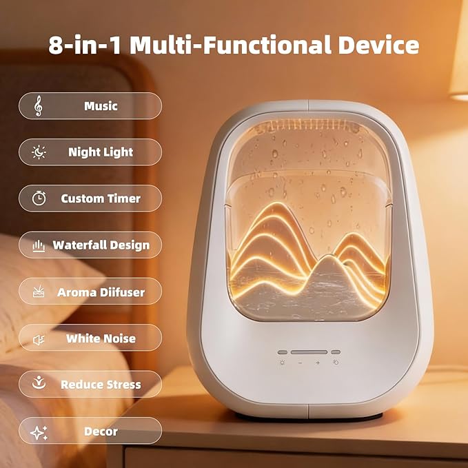 8-in-1 White Noise Sound Machine with Night Light, Help Stress Relief, Waterfall Design Essential Oil Diffuser Rain Sound Machine with Humidifier for Bedroom Office Decor Gift, Cream
