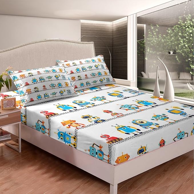 Manfei Watercolor Robots Sheet Set Full Cartoon Toy Theme Bed Sheet Set 4pcs with Deep Pocket Fitted Sheet + Flat Sheet + 2 Pillowcases White Solid Color Bedding Set for Kids Teens Boys Room Decor