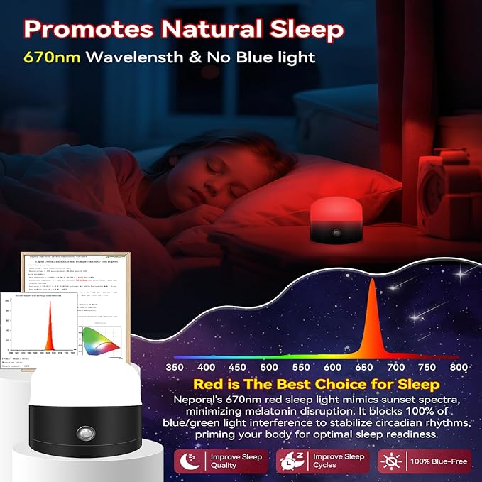 Neporal REDIX 670nm Red Light for Sleep, 100% Blue Light Blocking & Dimmable & 4 Timer Red Night Light for Melatonin Promoting, with Remote Red Light Lamp for Bedroom, Sleeping, Reading, Baby Nursery