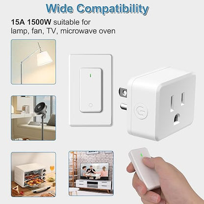 NineLeaf Remote Control Outlet,Wireless Remote Control Outlet Plug,500ft Long Range Wall Mounted Light Switch,15A 1500W for Home and Business,No Wiring,White,1 SW+2 Outlet