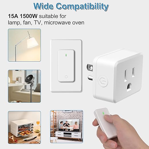 NineLeaf Remote Control Outlet,Wireless Remote Control Outlet Plug,500ft Long Range Wall Mounted Light Switch,15A 1500W for Home and Business,No Wiring,White,2 SW+1 Outlet