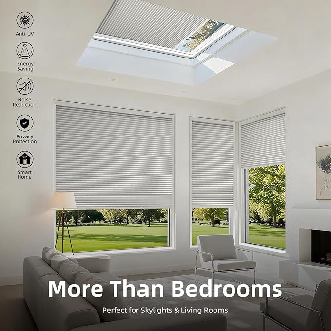 ZSTARR Motorized Skylight Shades Blackout Cellular Honeycomb Electric Blinds with Solar Panel Cordless Rechargeable with Remote for Roof and Slanted Windows Custom Size (Blackout Frost White)