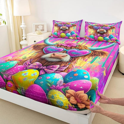 Highland Cattle Fitted Sheet Queen Size Funny Animal Happy Easter Bedding Set for Kids Bedroom Cartoon Funny Animal Bed Sheet Set 3pcs Purple Colorful Deep Pocket Mattress Cover,No Top Flat