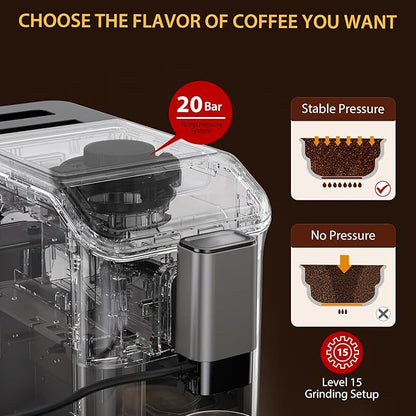Automatic Espresso Machine with 20 Bar Pressure – One-Touch Coffee Maker, Built-in Grinder & Milk Frother, 6 Custom Recipes, 1.5L Water Tank, Auto Self-Cleaning, 120V for Home & Office (Grey)