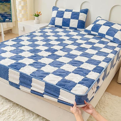 Milk Velvet Checkered Bedding Mattress Cover, Super Soft Elastic Bed Sheets with Pillowcase - Washable 12'' Deep Pocket Mattress Pad
