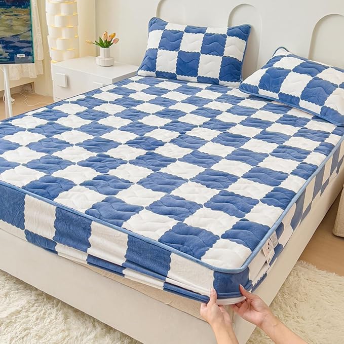 Milk Velvet Checkered Bedding Mattress Cover, Super Soft Elastic Bed Sheets with Pillowcase - Washable 12'' Deep Pocket Mattress Pad