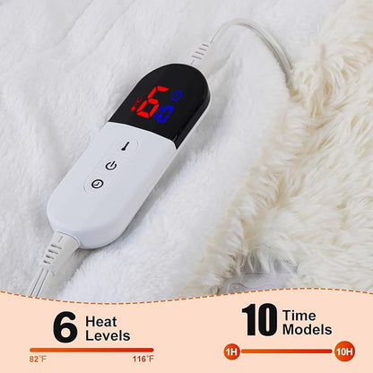 Heated Blanket with 10 Hours Auto-Off 6 Heat Level, Cozy Shaggy Faux Rabbit Fur Electric Blanket with Overheating Protection (White, 90"X100")