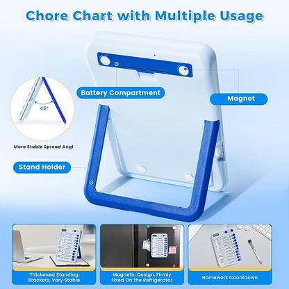 Magnetic Chore Chart for Kids with Timer, Visual Schedule for Kids, ADHD Tools to Do List, Checklist with 99-Min Countup/Countdown Chore Board with Sliders & Dry-Erase Sheets (Blue)