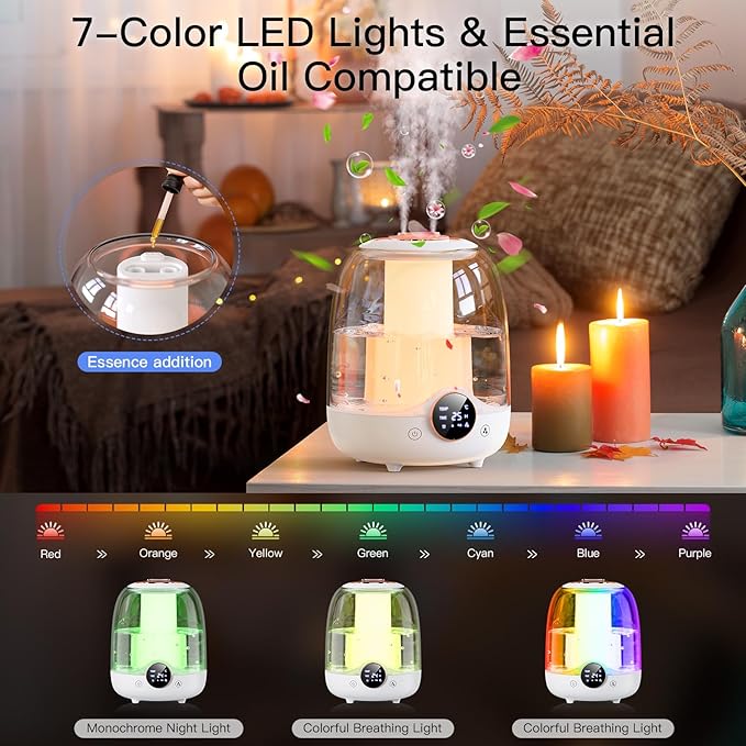 Humidifiers for Bedroom, 3L Tank for 30H 20dB Quiet Mist Time, Dual Nozzles, LED Lights, Smart Timer (2/4/8 Hours), Auto Shut-Off, Perfect for Baby and Large Rooms (White)