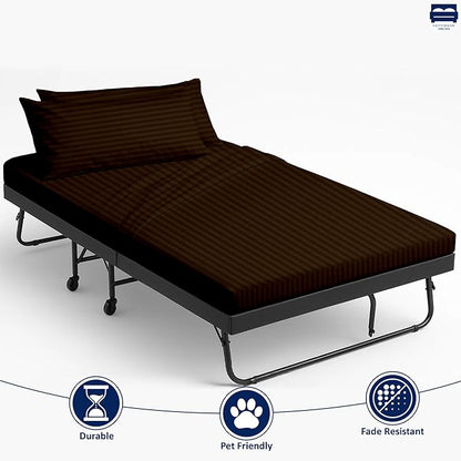 Cot Sheet and Pillow Case 4 Piece Set - 1 cot Fitted Sheet 33" x 75", 1 cot Flat Sheet 64"x 94", 2 Pillow Cases 20"x 30" Perfect for Folding Guest Bed Frame,Rollaway Beds (Chocolate Stripe)
