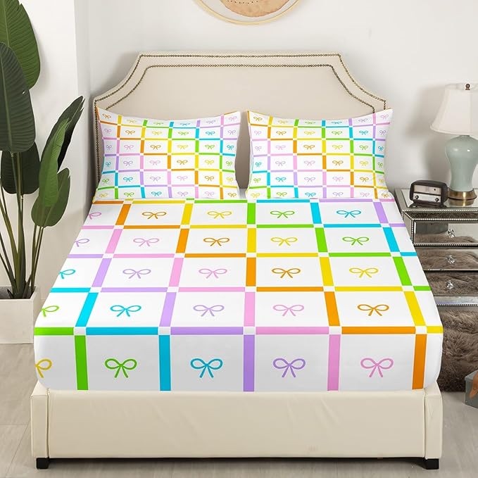 Rainbow Bowknot Bedding Set Full Size,Gradient Colorful Bow-tie Cartoon Princess Fitted Sheet,Geometric Striped Plaids Patchwork Sheet Set for Kids Teens Adults Bedroom Decor,2 Pillowcases