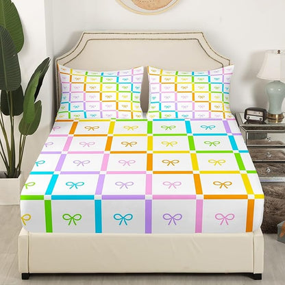 Rainbow Bowknot Bedding Set Full Size,Gradient Colorful Bow-tie Cartoon Princess Fitted Sheet,Geometric Striped Plaids Patchwork Sheet Set for Kids Teens Adults Bedroom Decor,2 Pillowcases