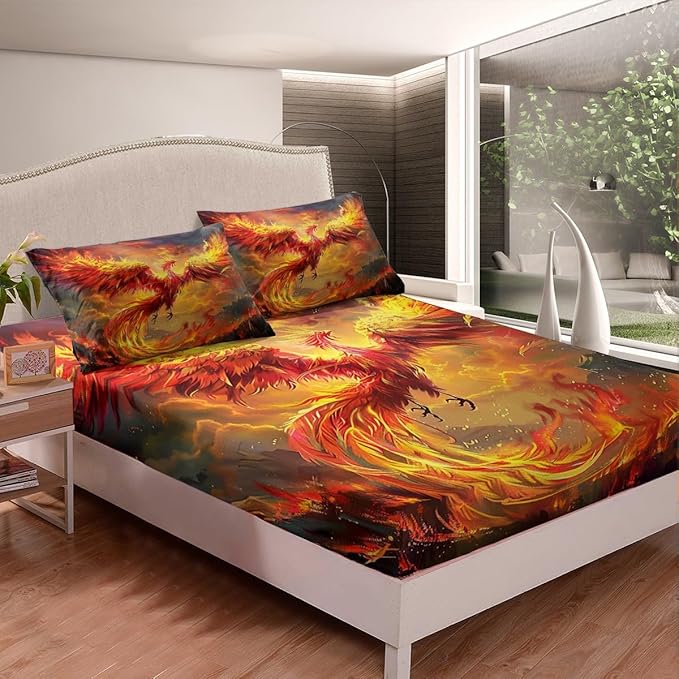 Manfei Phoenix Kids Sheet Twin Size,Burning Cloud Sky Romantic Bedding Set,Boys Girls Room Decor,Firebird Animal Flying Wildlife Orange Yellow Bed Sheet Set 3pcs(Fitted + Flat + 1 Pillowcase)