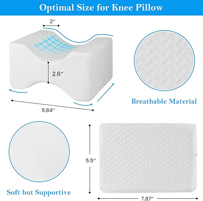 BlissTrends Memory Foam Knee Pillow, Knee Pillow for Side Sleepers, Leg Pillows for Sleeping Blood Circulation, Elevation Pillow for Spine Aligning, Sciatica, Hip, Knee, Ankle Pain, White, Medium