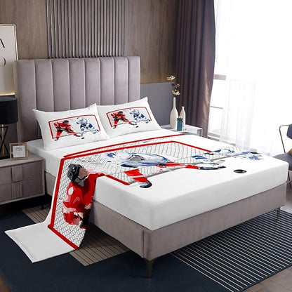 Hockey Sheet Set Full - Ice Sports Bedding for Kids Teens Room Decor, Abstract Player Theme Red White Blue 4pcs With Deep Pocket Fitted Sheet, Flat Sheet, 2 Pillowcases