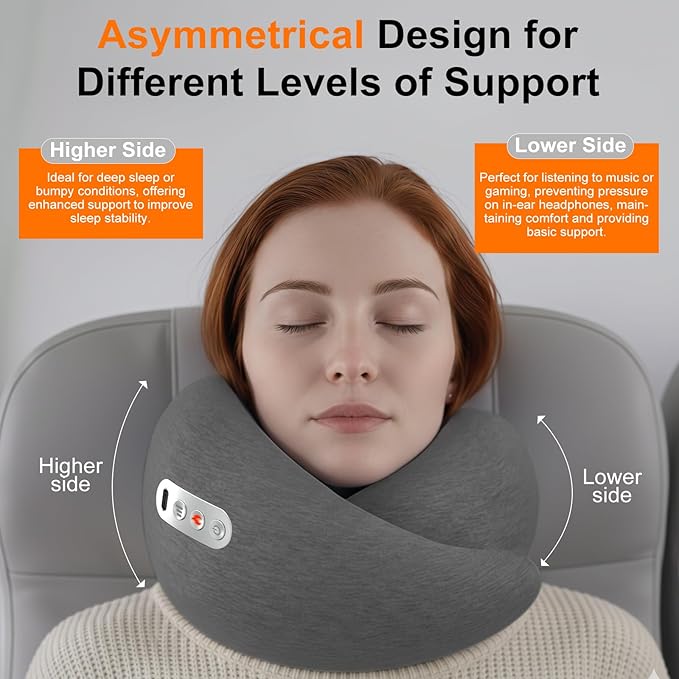 Travel Neck Pillow Airplane 3 in 1 with Heating Massage, Memory Foam Cervical Pillow, 360º Ergonomic Design, Asymmetrical Sides Portable for Airplane Car Office Sleeping Essentials, Breathable Cover