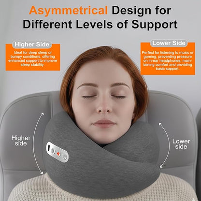 Travel Neck Pillow Airplane 3 in 1 with Heating Massage, Memory Foam Cervical Pillow, 360º Ergonomic Design, Asymmetrical Sides Portable for Airplane Car Office Sleeping Essentials, Breathable Cover