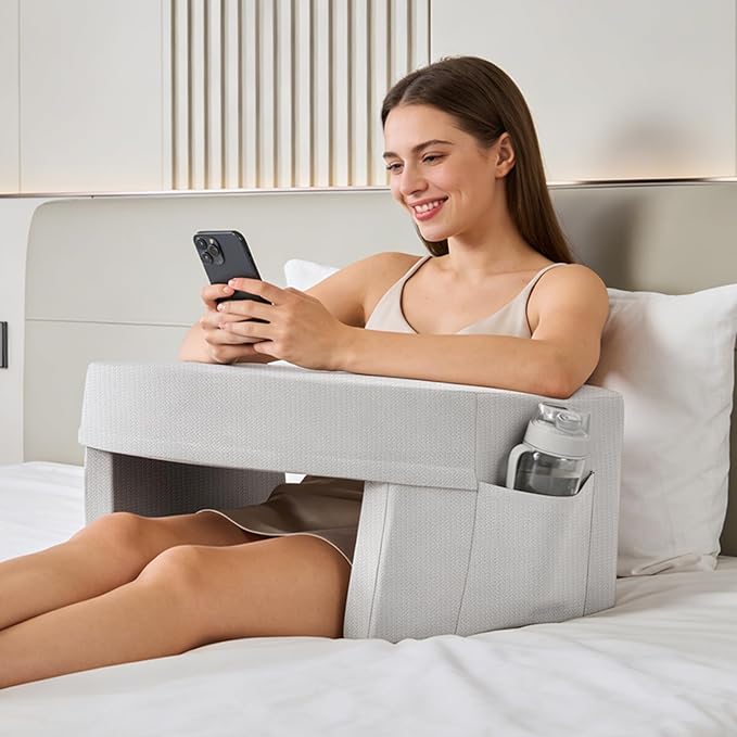 DUMOS Reading Pillow for Gaming with Ergonomic Arm Rests, Memory Foam Lap Desk for Laptop, Support Pillow with Side Pockets for Reading, Writing, Working, Gaming on Bed, Couch or Floor