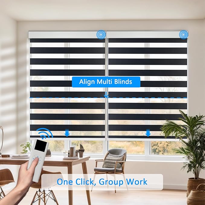 Motorized Zebra Blinds for Windows Cordless Electric Curtains with Remote Control Blackout Shades Custom Smart Blinds Compatible with Alexa Google Home(Light Filtering Black,W23 X 72in)