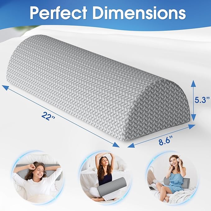 Knee Pillow for Back Sleeping Memory Foam Half Moon Bolster Pillow for Legs, Under Knee Support, Ankle & Foot Comfort Orthopedic Pillow for Side Sleepers (Grey, 22" x 8.7" x 5.3")
