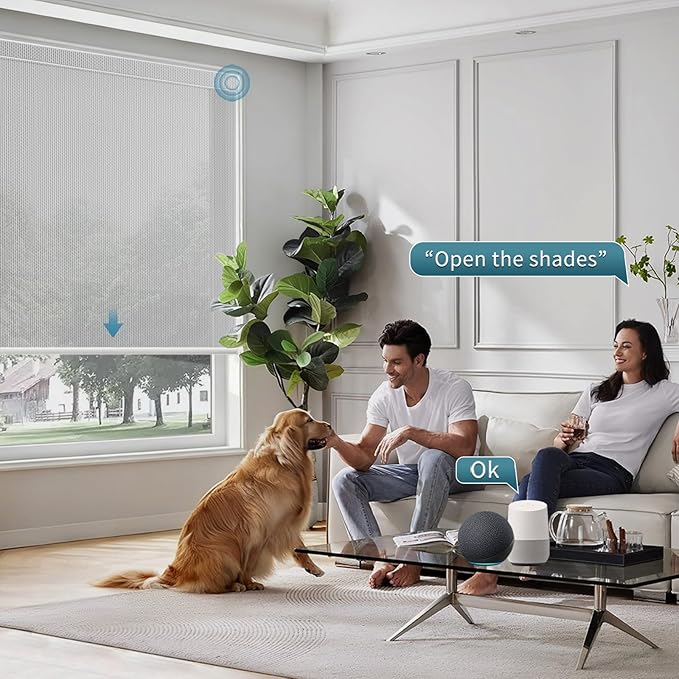 Motorized Blinds Compatible with Alexa,Google Asssitant,Homekit Over Thead,5% Openness Solar Shades for Window, Smart Shades with Remote, APP/Voice Control,Custom Size,Aventus White Grey
