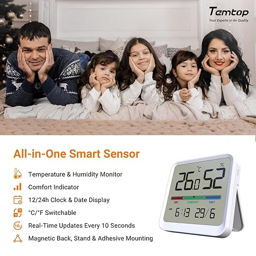 Temtop Indoor Thermometer Hygrometer, Precision Digital Temp/Humidity Monitor with Magnet & 3M Sticker, Date & Time, Wall/Magnet/Stand Mount, for Home, Office, Nursery, T1-SE 2 Pack