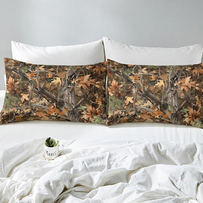 Camoflage Kids Fitted Sheet Queen Size,Jungle Tree Woods Fall Leaves Rustic Cabin Bedding Set,Boys Girls Room Decor,Hunting Adventure Nature Bed Cover,Brown Bed Sheet,2 Pillowcases(No Top Sheet)