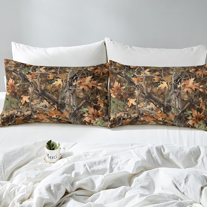 Camoflage Kids Fitted Sheet Full Size,Jungle Tree Woods Fall Leaves Rustic Cabin Bedding Set,Boys Girls Room Decor,Hunting Adventure Nature Bed Cover,Brown Bed Sheet,2 Pillowcases(No Top Sheet)