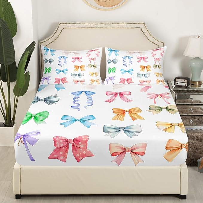Bowknot Fitted Sheet,Full Size Colorful Bow-tie Princess Style Collections,Dreamy Fairy Tale Theme Girly White Bedding Deep Pocket for Children Teens Young with 2 Pillowcases