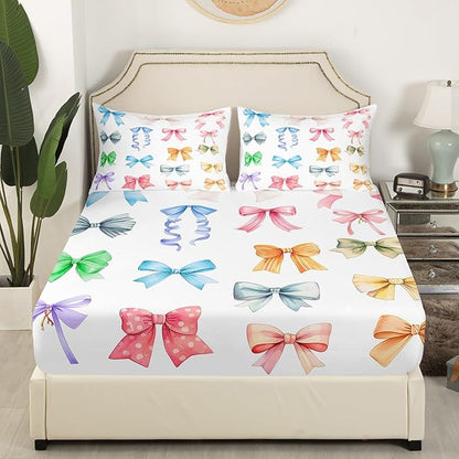 Bowknot Fitted Sheet,Full Size Colorful Bow-tie Princess Style Collections,Dreamy Fairy Tale Theme Girly White Bedding Deep Pocket for Children Teens Young with 2 Pillowcases