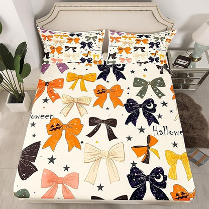 Halloween Bowknots Fitted Sheet,Full Size Cartoon Bow-tie Starry Moon Glitter Beige Collections,Princess Bow Dreamy Girly Bedding Deep Pocket for Children Teens Young with 2 Pillowcases