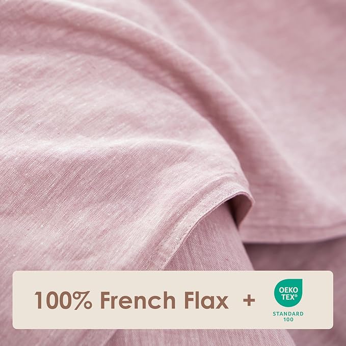 DAPU Pure Linen Duvet Cover Set, 100% Yarn-Dyed French Linen, Breathable and Durable for Hot Sleepers, 1 Duvet Cover and 2 Pillowcases (Smokey Pink, King)
