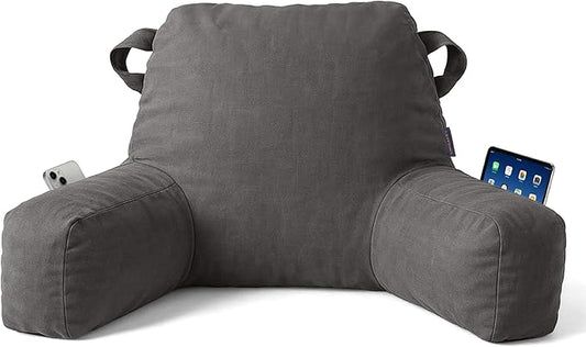 Portable Comfy Reading Pillows for Bed Sitting Up(Light Grey Oeko-Tex), Velvet Back Pillow with Arms & Pockets for Adults, Support Memory Foam Bed Pillow for Dorm/Reading/Watching/Gaming