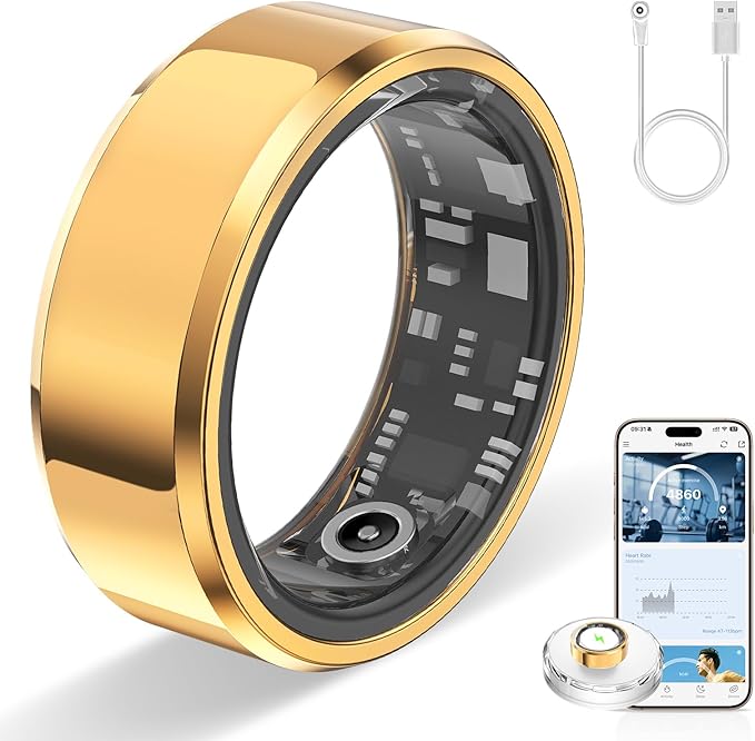 Smart Ring for Women & Men, Smart Rings Health Tracker with Heart Rate, Sleep Monitoring, Long Lasting Battery, IP68 Waterproof Fitness Ring for iOS & Android, No Subscription Fee (Gold, #8)