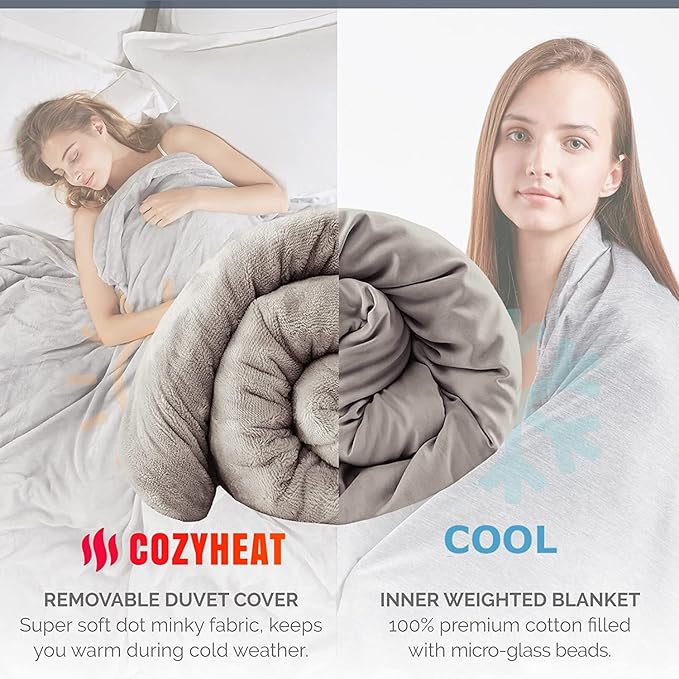 Degrees of Comfort Weighted Blanket Queen Size for Adults with Removable Cover, 1 x Cozy Heat Warm Minky Plush Washable Cover Included, Micro Glass Beads Technology, 60x80 18Lbs, Grey