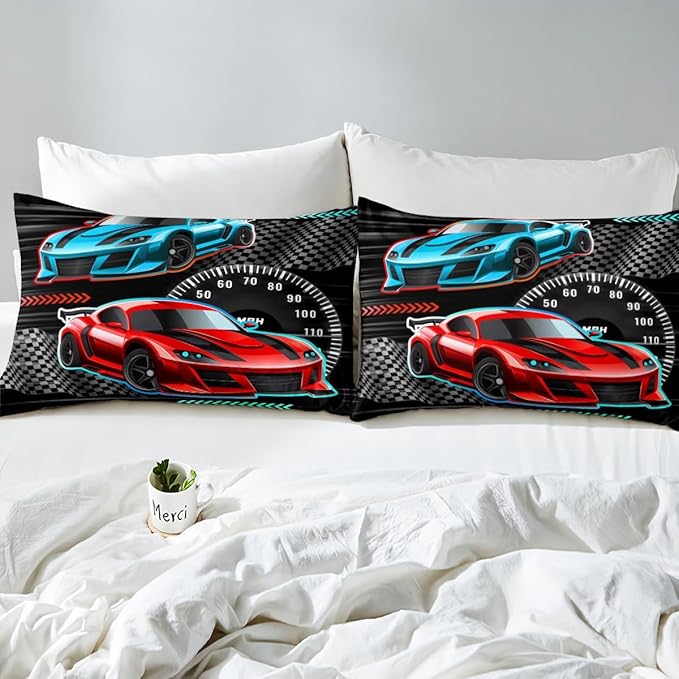 Colorful Sports Car Fitted Sheet Queen Size Extreme Sports Theme Bedding Sheet Set,Racing Car Bed Cover Ultra Soft Breathable Bedding 3 Pcs