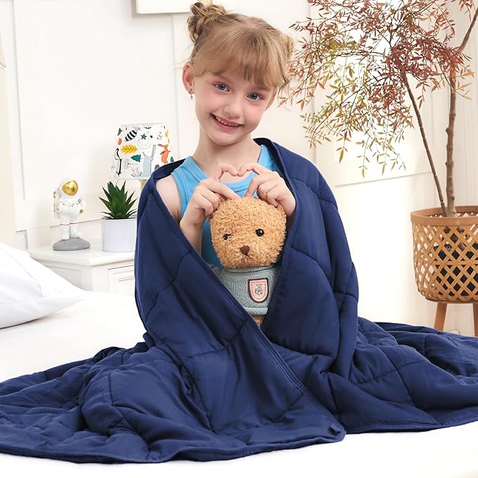 BETU Weighted Blanket (36''x48'' 3lbs Grey Small Size & 40''x60'' 7lbs Navy Blue Throw Size) 2 Pieces Bundled, Cooling Heavy Blanket with Premium Glass Beads, Soft Thick Blankets for Sleep.