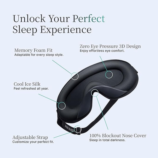 Nox Sleep 3D Sleep Mask for Men, 100% Blackout Eye Mask for Sleep, Ice Silk Adjustable Sleeping Mask for Side Sleepers, Soft Breathable Blindfold, Perfect Sleep Mask for Travel & Women (Black)