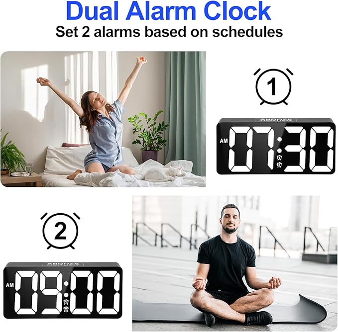 PPLEE Alarm Clock for Bedroom with Night Light & Bold Digits-7 in Digital Clock with Dual Alarms & USB Charger Ports,Battery Backup,Adjustable Brightness&Volume,DST, Loud Desk Clock for Heavy Sleeper