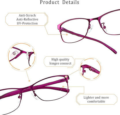 LifeArt Alloy Semi-Rimless Reading Glasses,Blue Light Blocking Glasses, Anti Eyestrain, Computer Gaming Glasses, TV Glasses for Women Men, Anti Glare (Purple, +1.75 Magnification)
