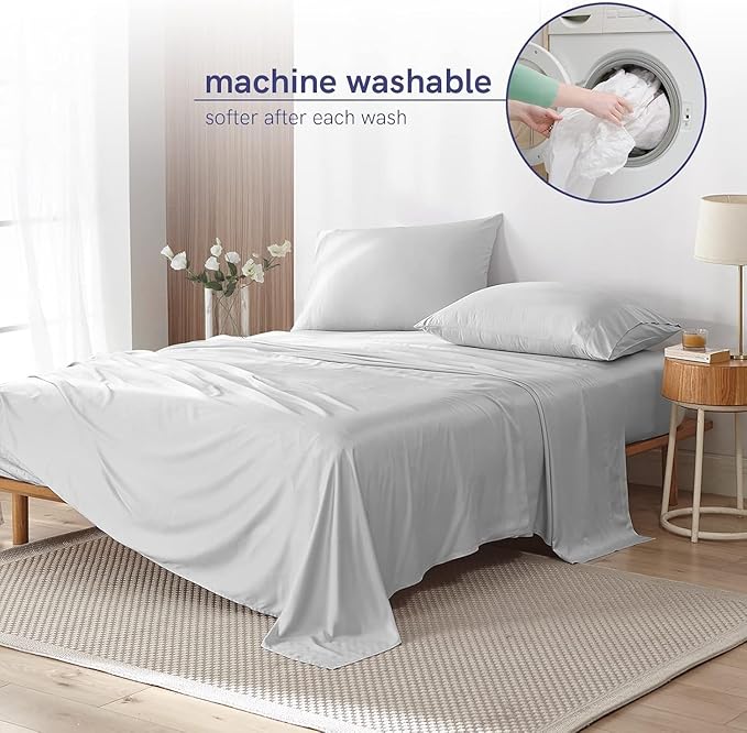 YnM Cooling Bed Sheet Set with 100 Percent Rayon Derived from Bamboo, 500TC Fabric with 2 Pillowcases and Flat Sheet, Deep Pocket Fit 19'', Silky-Soft & Sweat Wicking, 4 Piece (King,Light Grey)