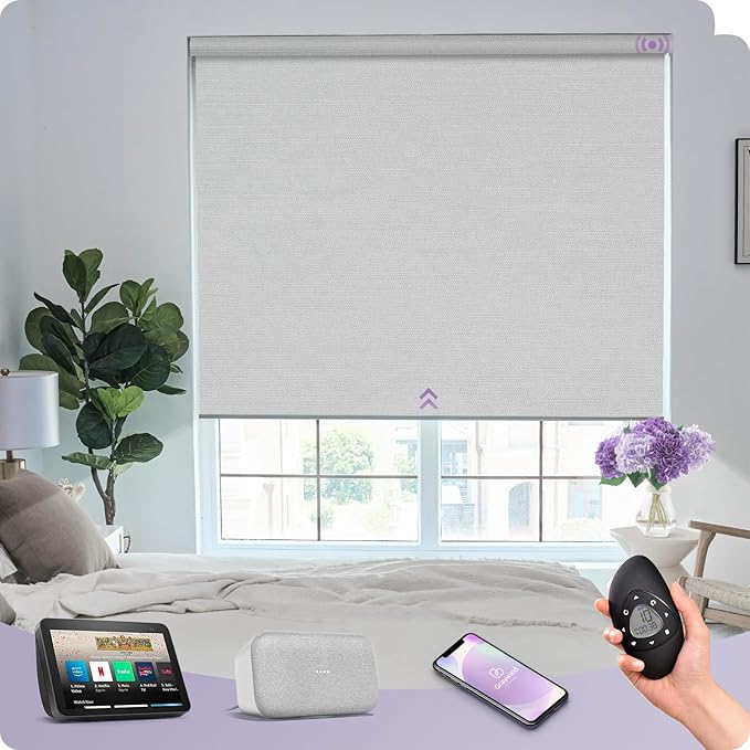 Graywind Motorized Roller Shade Compatible with Alexa Google 100% Blackout Rechargeable Smart Blinds Remote Control Battery Motor Cordless Window Shades, Customized Size (Pure White)