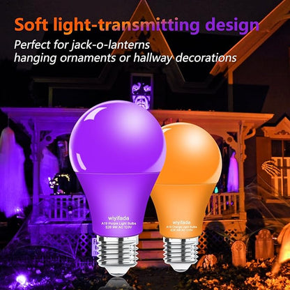 2 Pack A19 LED Orange Purple Light Bulbs,120V E26 Halloween Light Bulb LED Lights 9W Replace to 100W, Dimmable Colored Light Bulbs for Porch
