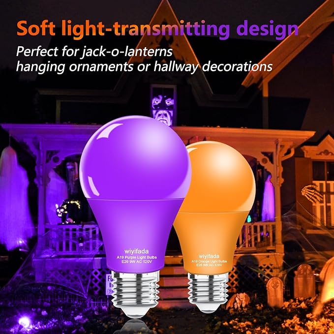 2 Pack A19 LED Orange Purple Light Bulbs,120V E26 Halloween Light Bulb LED Lights 9W Replace to 100W, Dimmable Colored Light Bulbs for Porch