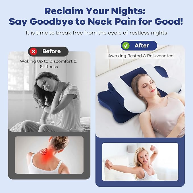 DONAMA Cervical Neck Pillow for Pain Relief, Orthopedic Contour Neck Pillow with Memory Foam Ergonomic Pillows with Dual Heights for Back, Stomach and Side Sleepers (Dark Blue)