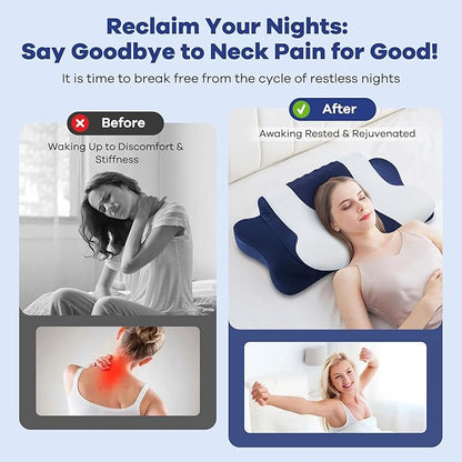 DONAMA Cervical Neck Pillow for Pain Relief, Orthopedic Contour Neck Pillow with Memory Foam Ergonomic Pillows with Dual Heights for Back, Stomach and Side Sleepers (Dark Blue)